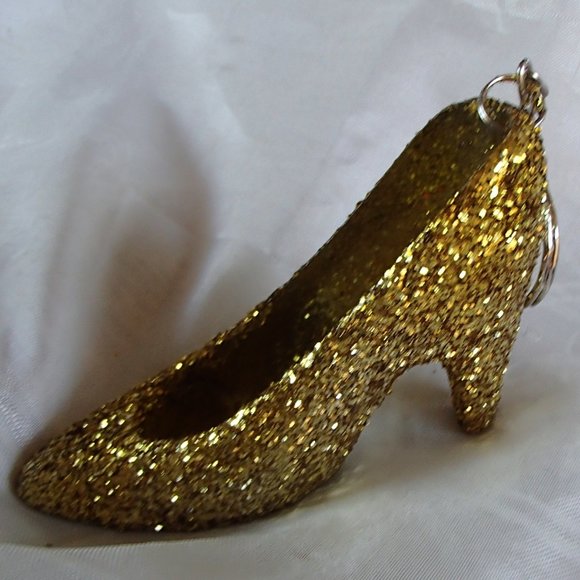 Golden Slipper Shoe Keychain Acrylic Glitter Altered Audi Lee Handcrafted - Picture 2 of 16